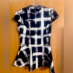 EUC Black and White Print Pink Tartan Top with Waist and Small Peplum